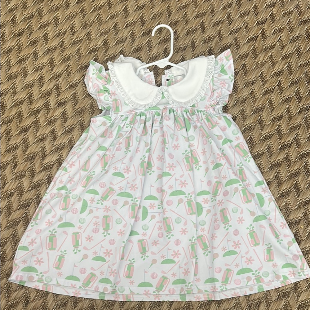 Adorable White Dress with Pink and Green GolfPrint